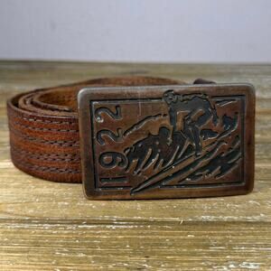 Vintage Leather Western Belt 42” Surfer Buckle Ranchcore Americana Cowboy Rustic
